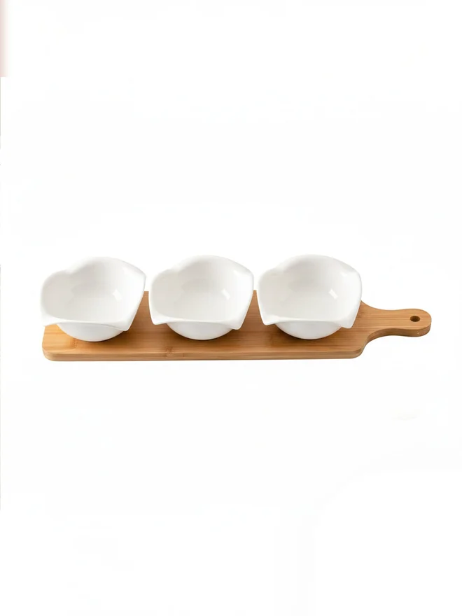 Shallow 3-Piece Round Porcelain Bowls with Bamboo Stand, 12cm