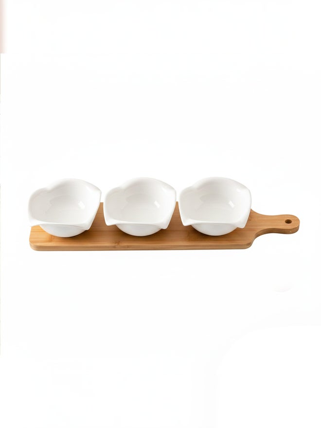 Shallow 3-Piece Round Porcelain Bowls with Bamboo Stand, 12cm - Image 1