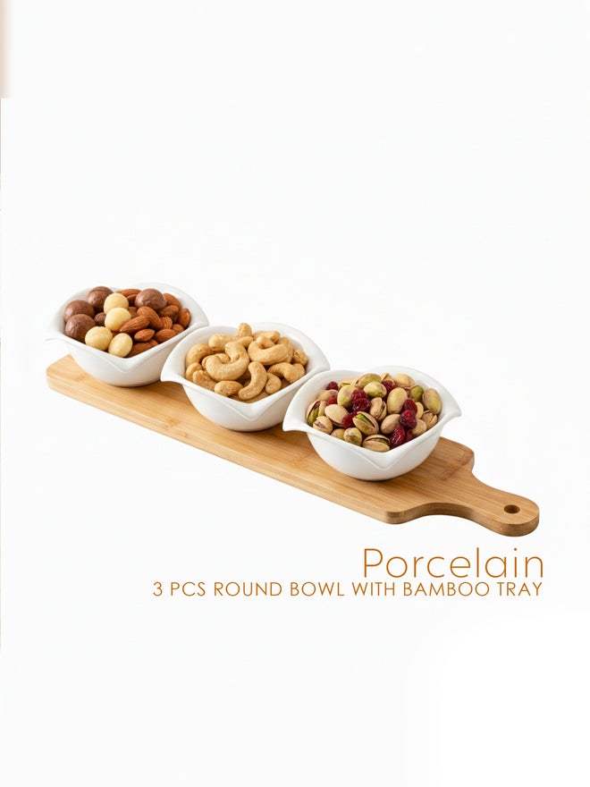 Shallow 3-Piece Round Porcelain Bowls with Bamboo Stand, 12cm - Image 3