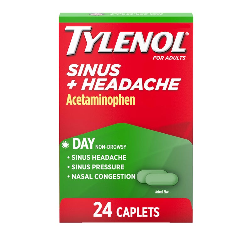 Tylenol تايلينول للجيوب الأنفية + الصداع أقراص نهارية غير مسبب للنعاس، أسيتامينوفين 325 ملغ، مزيل احتقان الأنف لضغط الجيوب الأنفية، الصداع واحتقان الأنف، 24 حبة - Image 1