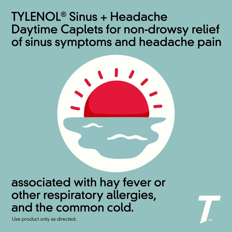 Tylenol تايلينول للجيوب الأنفية + الصداع أقراص نهارية غير مسبب للنعاس، أسيتامينوفين 325 ملغ، مزيل احتقان الأنف لضغط الجيوب الأنفية، الصداع واحتقان الأنف، 24 حبة - Image 4
