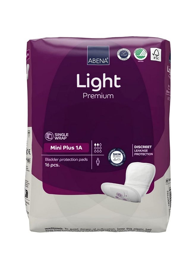 Abena Abena Light Incontinence Pads For Women, Anatomically Designed Barriers For Urinary Leak Protection, Breathable, Comfortable with Fast Absorption, Self-adhesive Strips - Mini Plus 1A, 200ml, 16PK  - Image 1