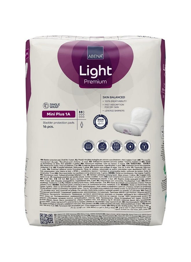 Abena Abena Light Incontinence Pads For Women, Anatomically Designed Barriers For Urinary Leak Protection, Breathable, Comfortable with Fast Absorption, Self-adhesive Strips - Mini Plus 1A, 200ml, 16PK  - Image 5