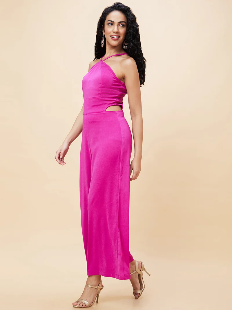 globus Women Pink Halter Neck Basic Jumpsuit