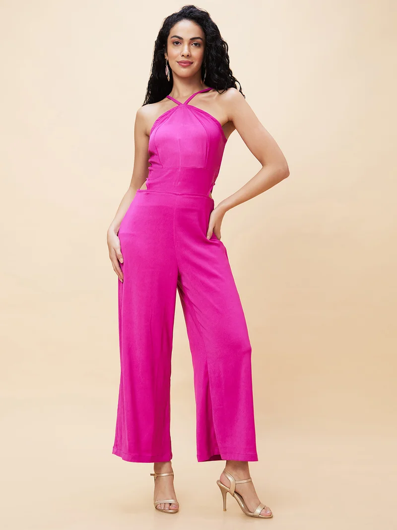 globus Women Pink Halter Neck Basic Jumpsuit