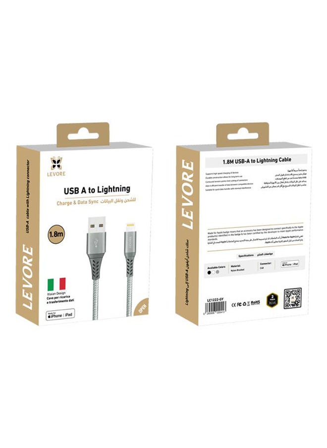 LEVORE - Levore USB to Lightning Nylon Cable MFI Certified 1.8m - Gray - Image 1