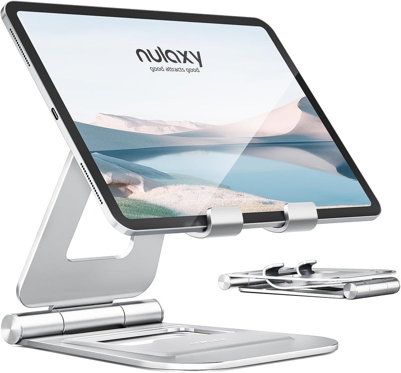 nulaxy Aluminum Dual Foldable iPad Stand, Fully Adjustable Desktop Tablet Holder, Tablet Accessories for Office Kindle Compatible with Mobile Devices iPad Pro/Air/Mini, iPhone Pro/Max/Plus, Silver - Image 1