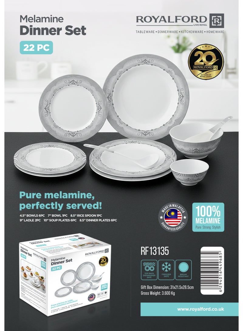 Royalford Melamine 22pcs Dinner Set RF13135 Soup Bowls Serving Spoon Dinnerware Plates Shatterproof Dishwasher, Freezer Safe Made in Malaysia - Image 2