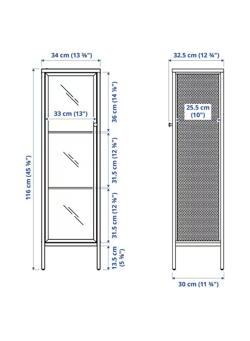 Storage Cabinet With Glass Door And 2 Glass Shelves Included, Stylish Design That Matches Your Existing Decor, Makes Eye-Catchers Of Your Finest Things, Steady On Uneven Floors, metal/white 34x30x116 cm
