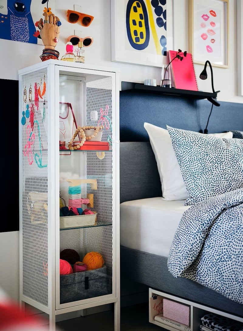 Storage Cabinet With Glass Door And 2 Glass Shelves Included, Stylish Design That Matches Your Existing Decor, Makes Eye-Catchers Of Your Finest Things, Steady On Uneven Floors, metal/white 34x30x116 cm