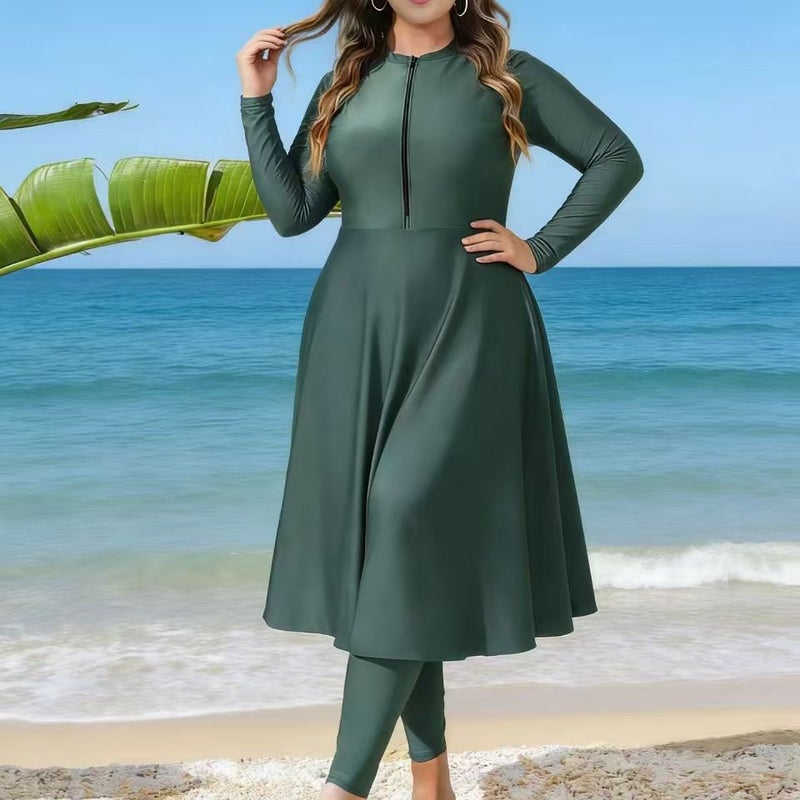 Modest Full-Coverage Plus Size Burkini Swimwear Set with Long Sleeves and Chest Pad, Solid Army Green - Image 2
