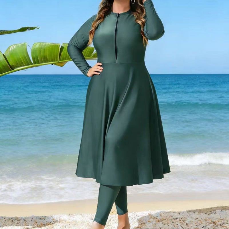 Modest Full-Coverage Plus Size Burkini Swimwear Set with Long Sleeves and Chest Pad, Solid Army Green - Image 1