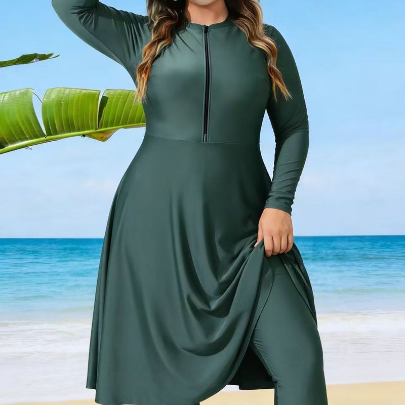 Modest Full-Coverage Plus Size Burkini Swimwear Set with Long Sleeves and Chest Pad, Solid Army Green - Image 4