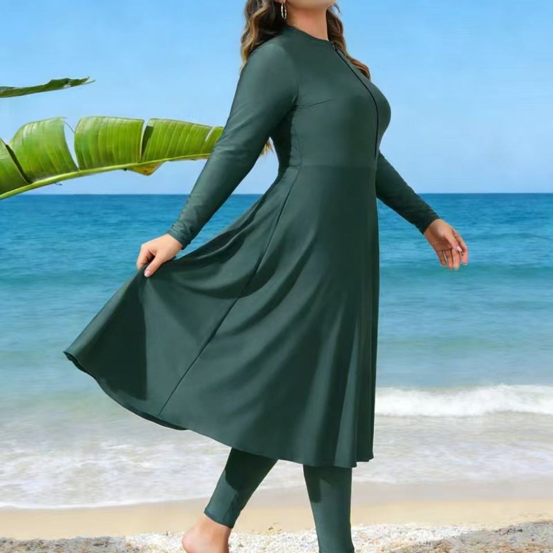 Modest Full-Coverage Plus Size Burkini Swimwear Set with Long Sleeves and Chest Pad, Solid Army Green - Image 3