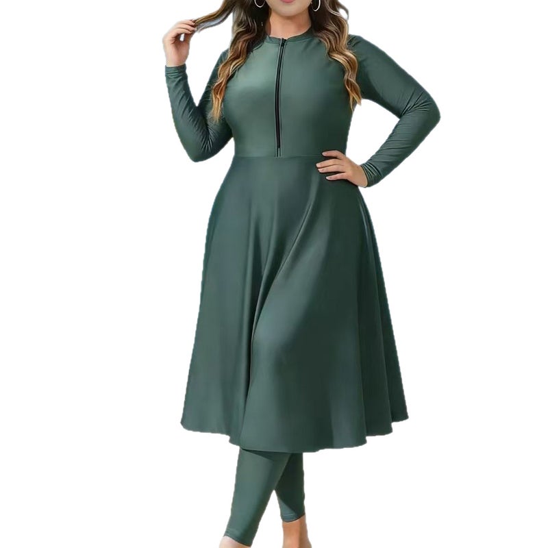 Modest Full-Coverage Plus Size Burkini Swimwear Set with Long Sleeves and Chest Pad, Solid Army Green - Image 5