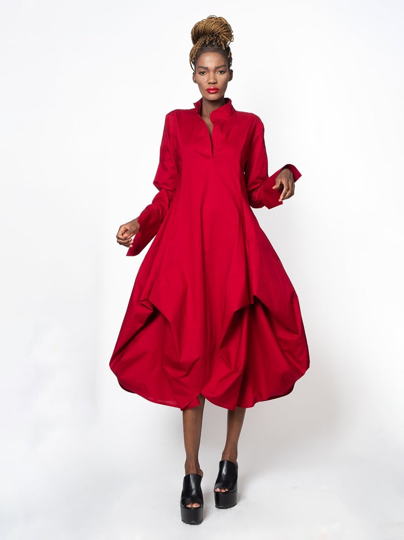 Metamorphoza Maxi Asymmetric Collar Shirt Dress In Red - Image 1