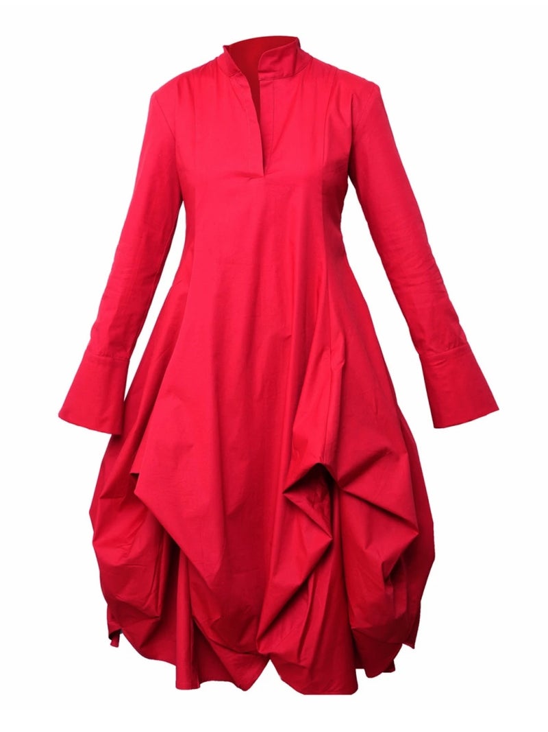 Metamorphoza Maxi Asymmetric Collar Shirt Dress In Red - Image 2