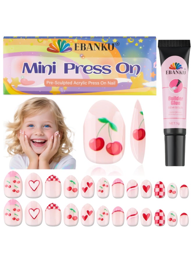 EBANKU 1 Pack Kid Fake Nail Kit 24 Pieces Press on Nails for Kids Cherries Press on Nail Short False Nail Kits for Kids Girls - Image 2