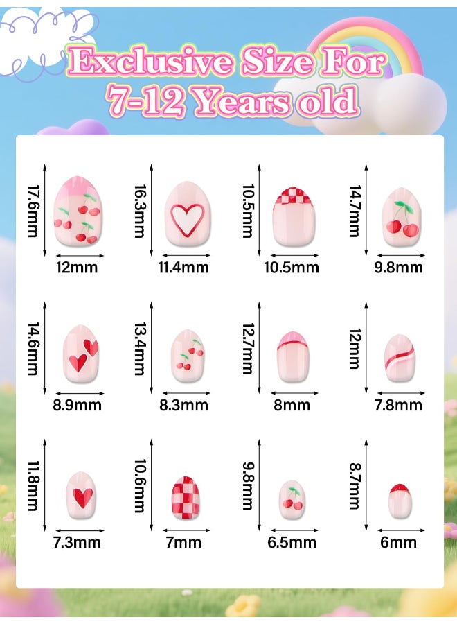 EBANKU 1 Pack Kid Fake Nail Kit 24 Pieces Press on Nails for Kids Cherries Press on Nail Short False Nail Kits for Kids Girls - Image 4