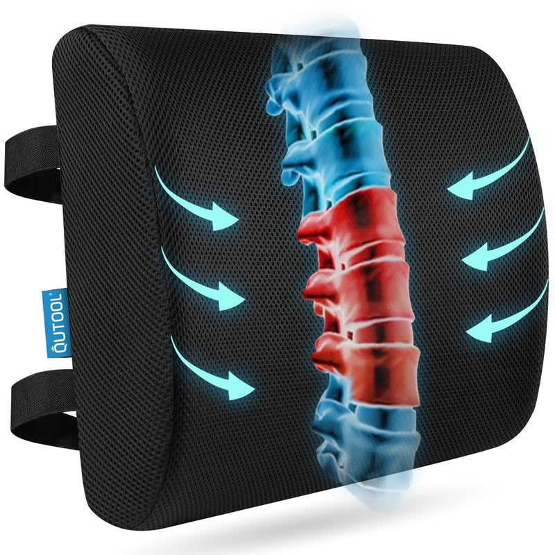 QUTOOL Lumbar Support Pillow for Office Chair, College Dorm Room Essentials, Memory Foam, Lower Back Support for Car, Back Pain Relief, Back Cushion for Chair with Adjustable Strap and Mesh Washable Cover - Image 1