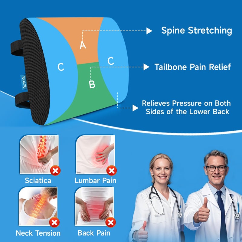 QUTOOL Lumbar Support Pillow for Office Chair, College Dorm Room Essentials, Memory Foam, Lower Back Support for Car, Back Pain Relief, Back Cushion for Chair with Adjustable Strap and Mesh Washable Cover - Image 2