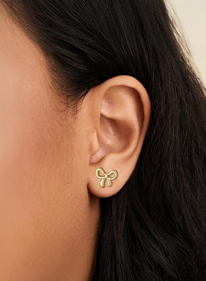 FOCALOOK 14K Gold Earrings Stud, Dainty Gold Cute Bow Earrings for Women, Hypoallergenic Ribbon Bow Studs Earring Non Tarnish Jewelry - Image 2