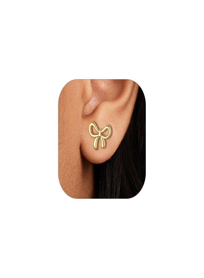 FOCALOOK 14K Gold Earrings Stud, Dainty Gold Cute Bow Earrings for Women, Hypoallergenic Ribbon Bow Studs Earring Non Tarnish Jewelry - Image 1