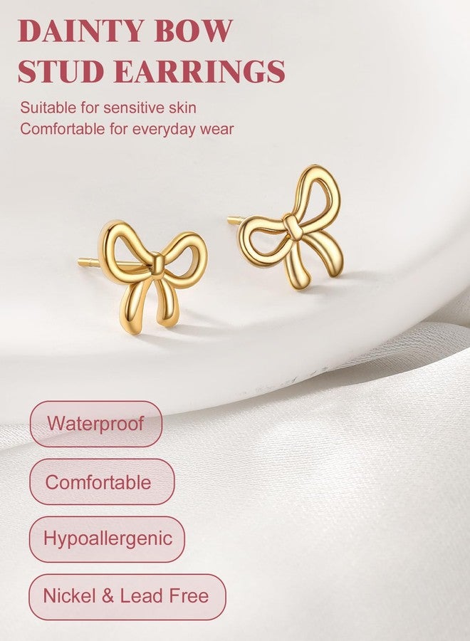 FOCALOOK 14K Gold Earrings Stud, Dainty Gold Cute Bow Earrings for Women, Hypoallergenic Ribbon Bow Studs Earring Non Tarnish Jewelry - Image 4