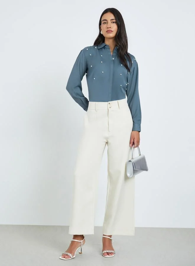 Styli Grey Pearl-Embellished Long Sleeve Shirt