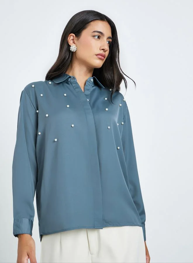 Styli Grey Pearl-Embellished Long Sleeve Shirt