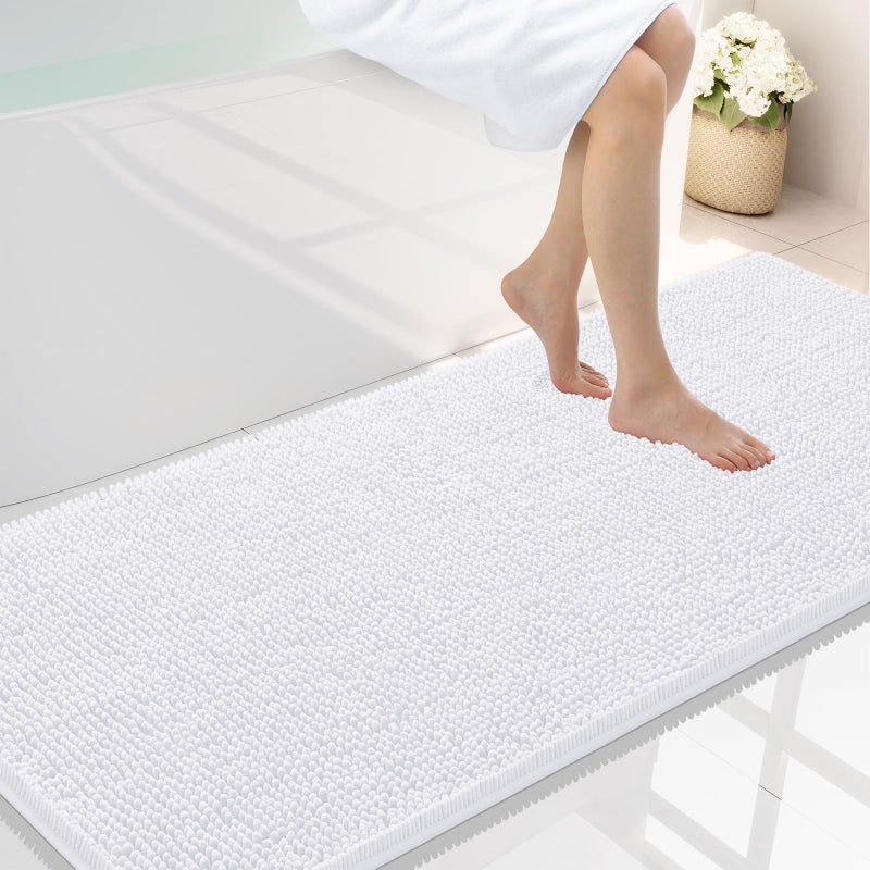 Smiry Luxury Chenille Bathroom Rugs 59x24 Extra Soft and Absorbent Shaggy Bath Mat Machine Washable NonSlip Plush Carpet Runner for Tub Shower and Floor Home Decor Accessories White