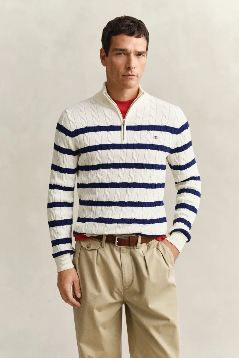 غانت Striped Cotton Cable Half Zip Sweater