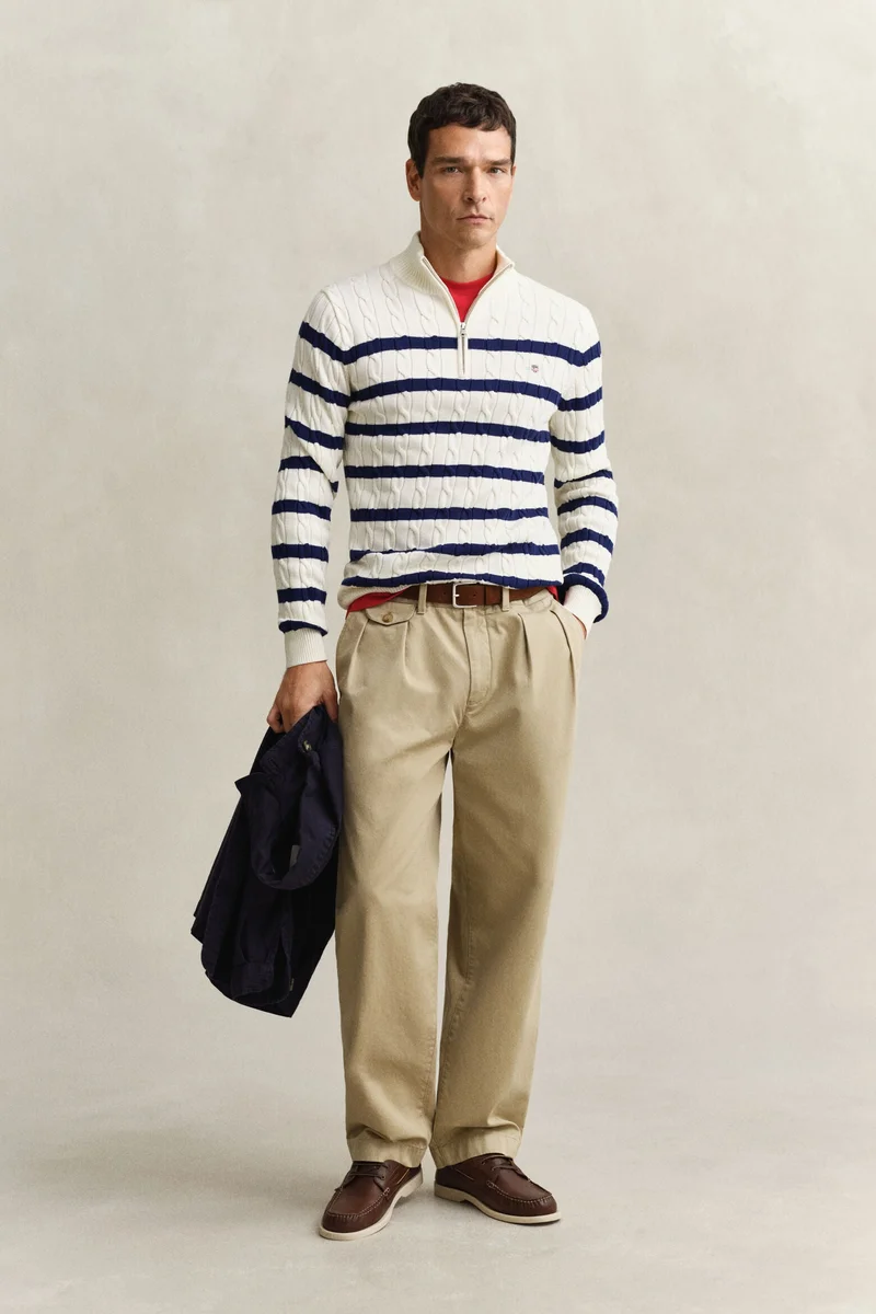 غانت Striped Cotton Cable Half Zip Sweater