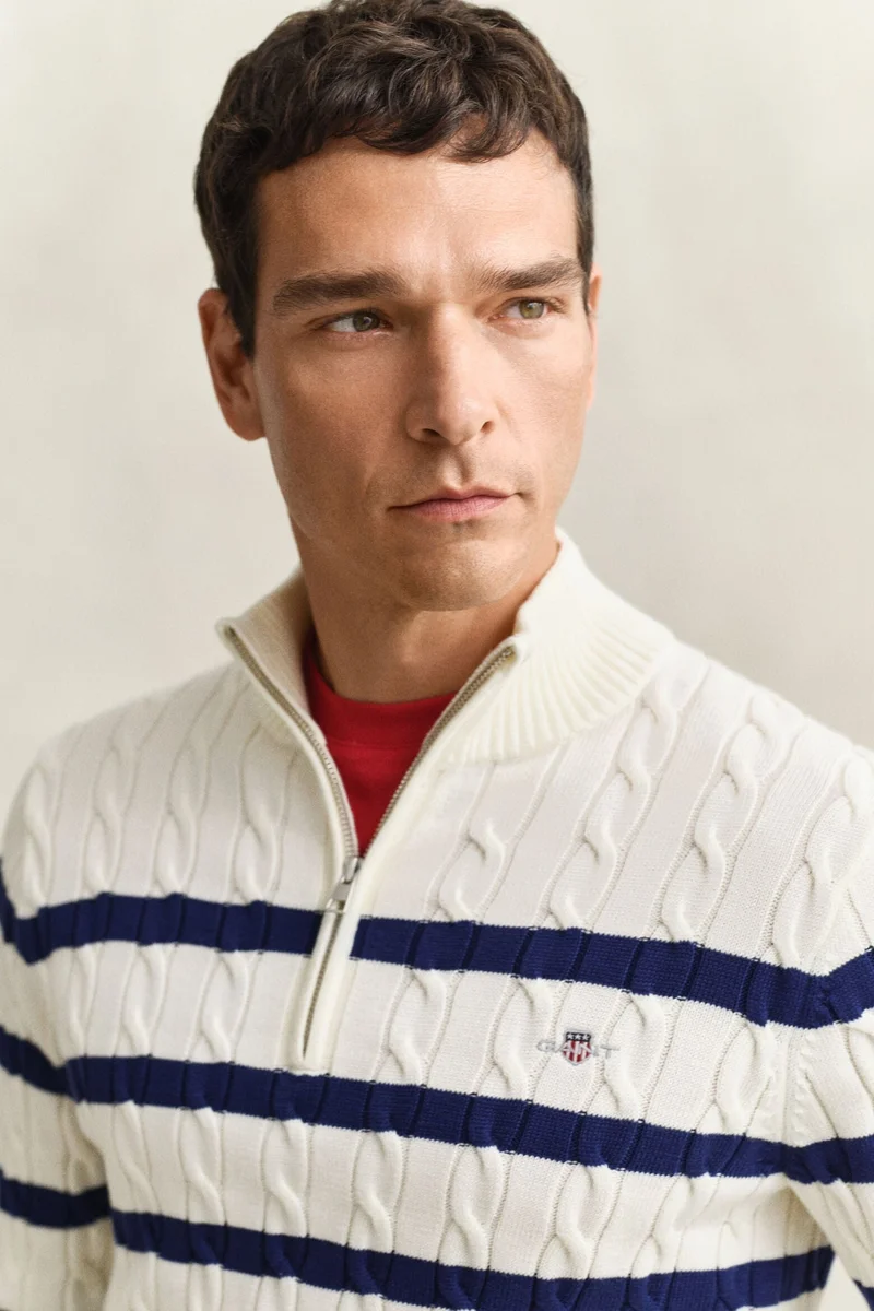 غانت Striped Cotton Cable Half Zip Sweater