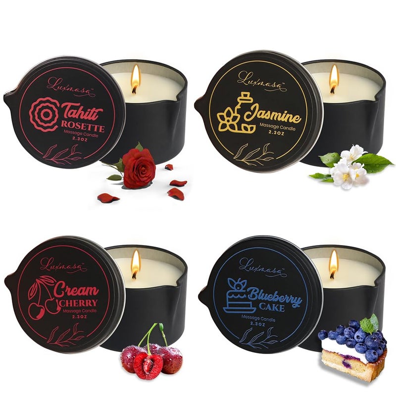 LUXMASA All Natural Scented Home Relaxing Massage Candle Oil Wax for Skin Care Essential Oil Infused SPA Candle Pack of 494OZ235OZ4TahitiJasmineCream Cherry Blueberry Cake - Image 3