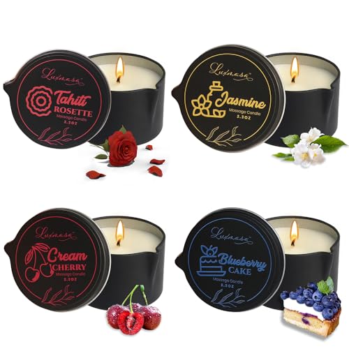 LUXMASA All Natural Scented Home Relaxing Massage Candle Oil Wax for Skin Care Essential Oil Infused SPA Candle Pack of 494OZ235OZ4TahitiJasmineCream Cherry Blueberry Cake - Image 2