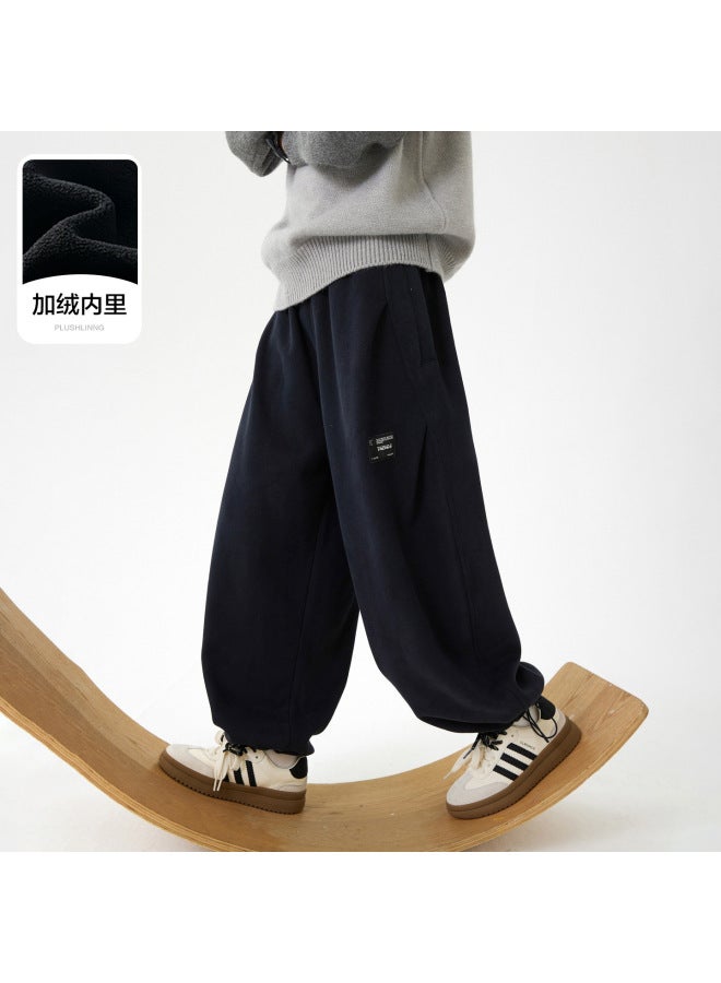 Boys' Autumn And Winter Korean Style Fleece Sweatpants  New Thickened Sports Wide-leg Straight Pants For Children