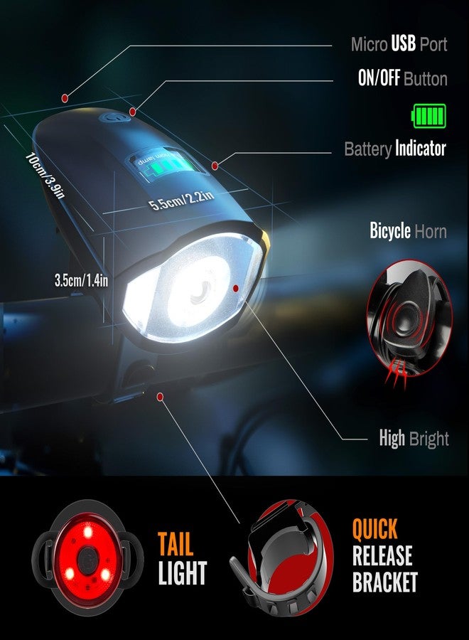Favorbrite 2 Pack Bike Lights Set with Horn 1400LM USB Rechargeable Bicycle Headlight & Tail Light & Horn Waterproof 3 Lighting Modes Fits Various Bicycles for Road and Mountain（Black+Black） - Image 2