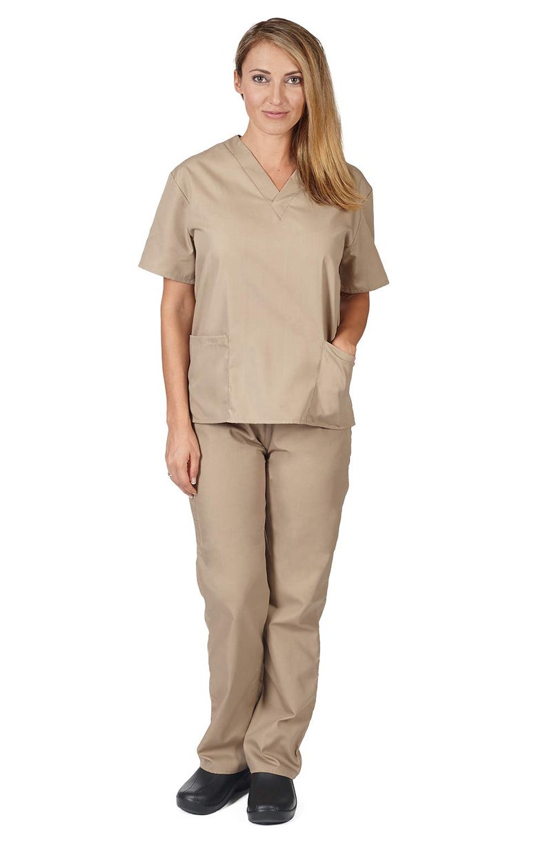Natural Uniforms Women's Scrub Set - Medical Scrub Top and Pant, Khaki, Small - Image 1