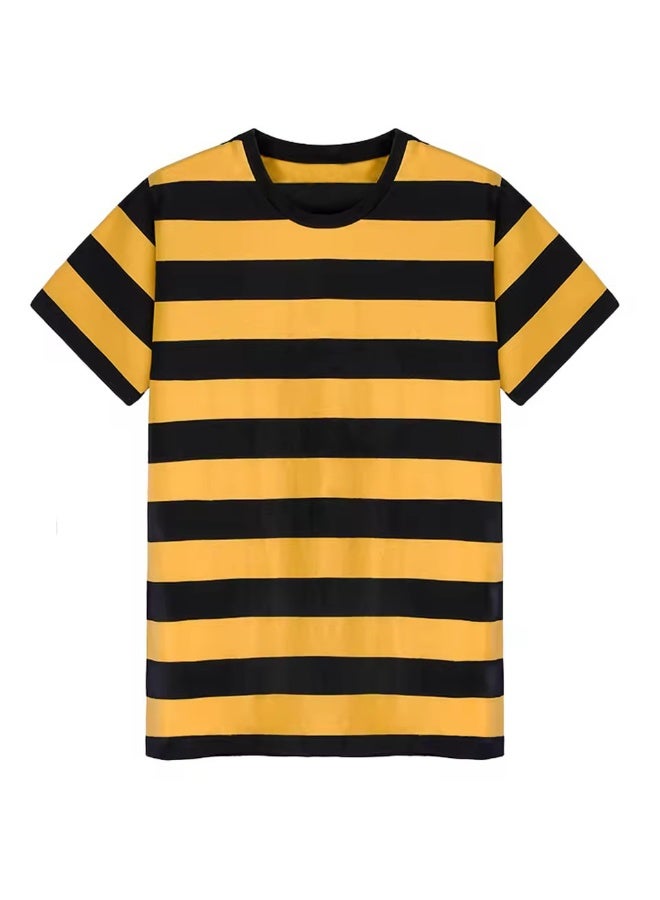 Loquat Women/Men Summer Loose All-match Stripe Short Sleeve Round Neck T-shirt Yellow - Image 1