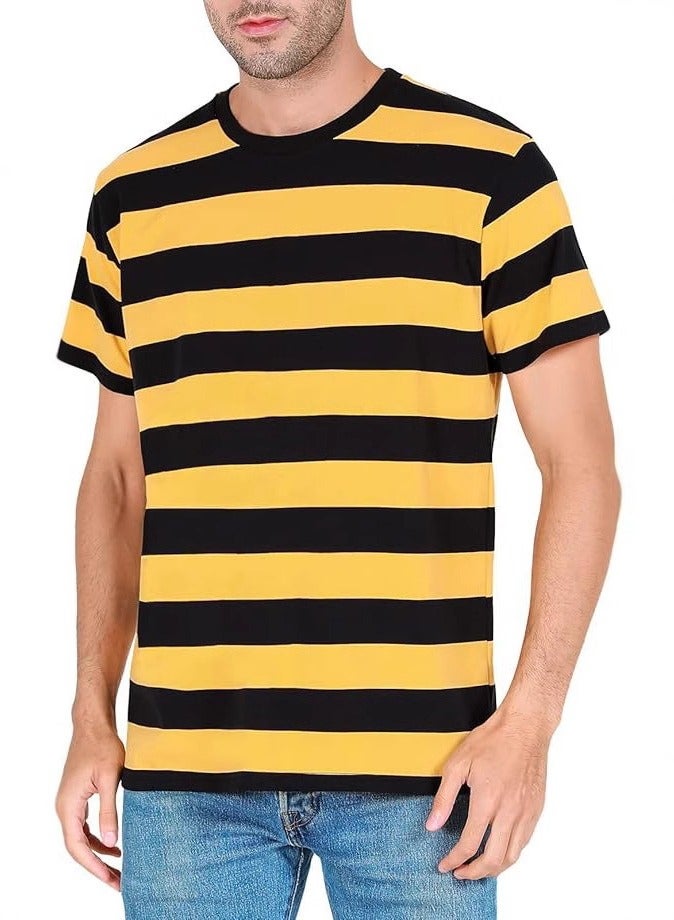 Loquat Women/Men Summer Loose All-match Stripe Short Sleeve Round Neck T-shirt Yellow - Image 3