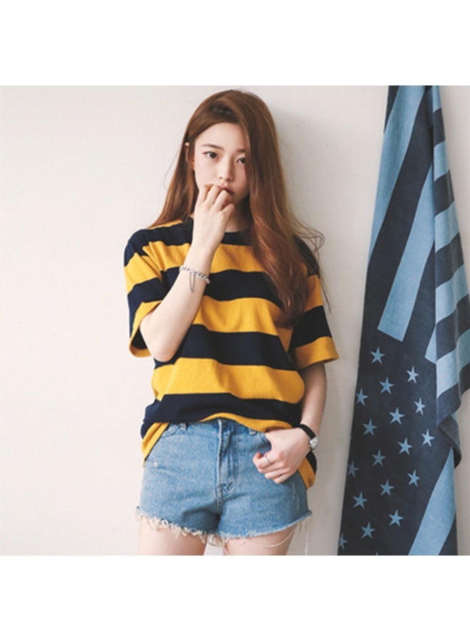 Loquat Women/Men Summer Loose All-match Stripe Short Sleeve Round Neck T-shirt Yellow - Image 2