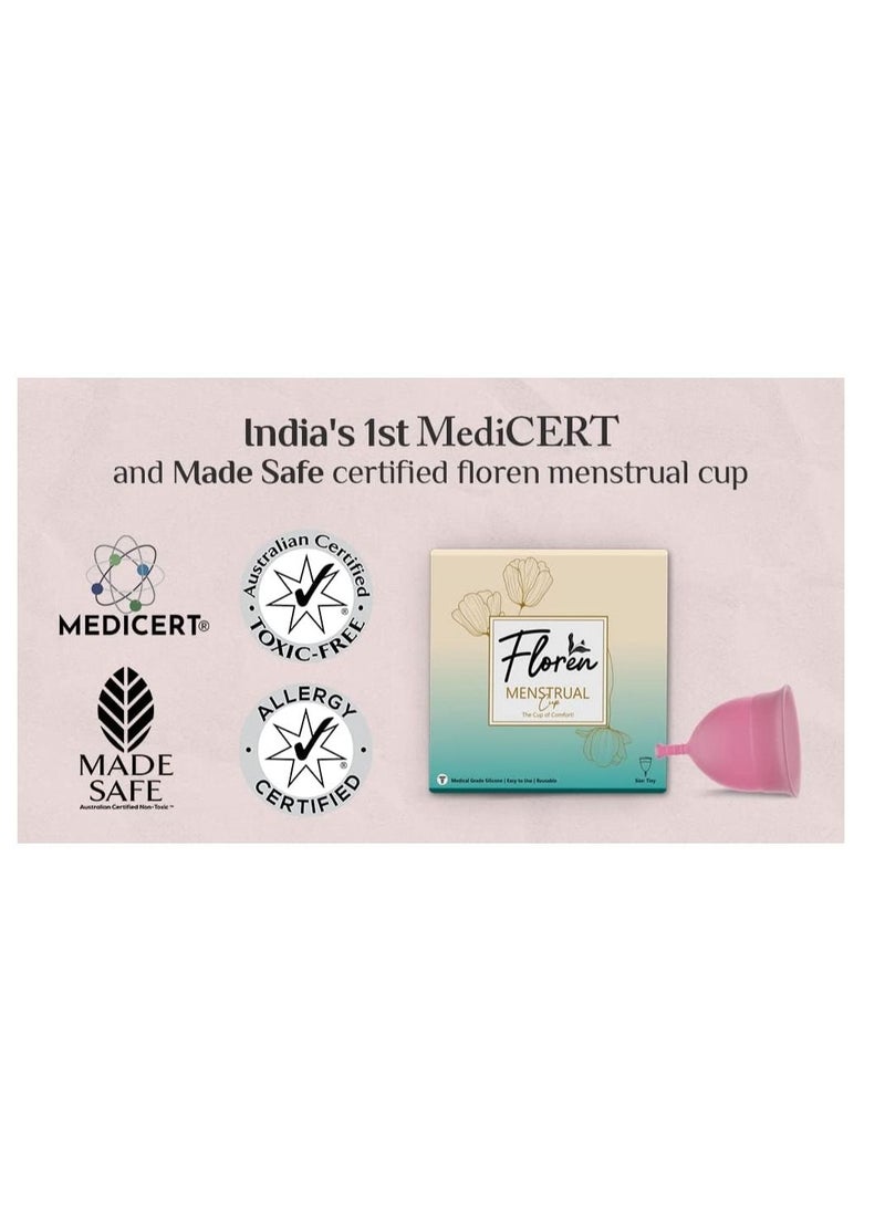 Floren - Floren Women's Reusable Menstrual Cup With Pouch FDA Approved, 100% Medical Grade Silicone, Ultra Soft, Odour and Rash Free, No Leakage, Protects Up to 8-10 Hours - Pack of 1 ( Pink) - Image 1