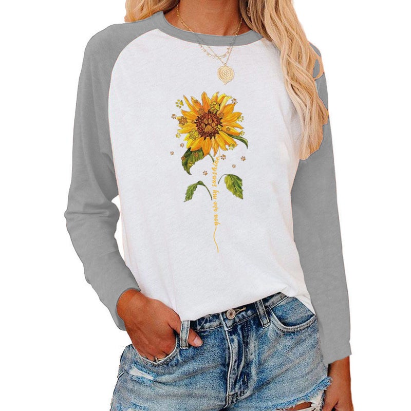 wish independent station sunflower pattern printing slat shoulder contrast long sleeve T-shirt women - Image 4