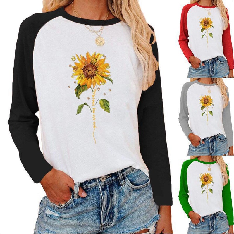 wish independent station sunflower pattern printing slat shoulder contrast long sleeve T-shirt women - Image 2