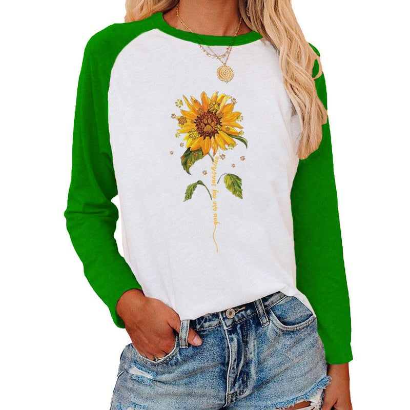 wish independent station sunflower pattern printing slat shoulder contrast long sleeve T-shirt women - Image 5