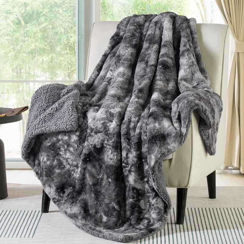 Bedsure GentleSoft Sherpa Fluffy Throw Blanket - Fleece Warm and Cozy Throw for Women Gift, Plush & Fuzzy Faux Fur Christmas Blanket for Couch, Sofa, Bed Decor, Tie Dye Design, Grey, 50x60 Inches - Image 1