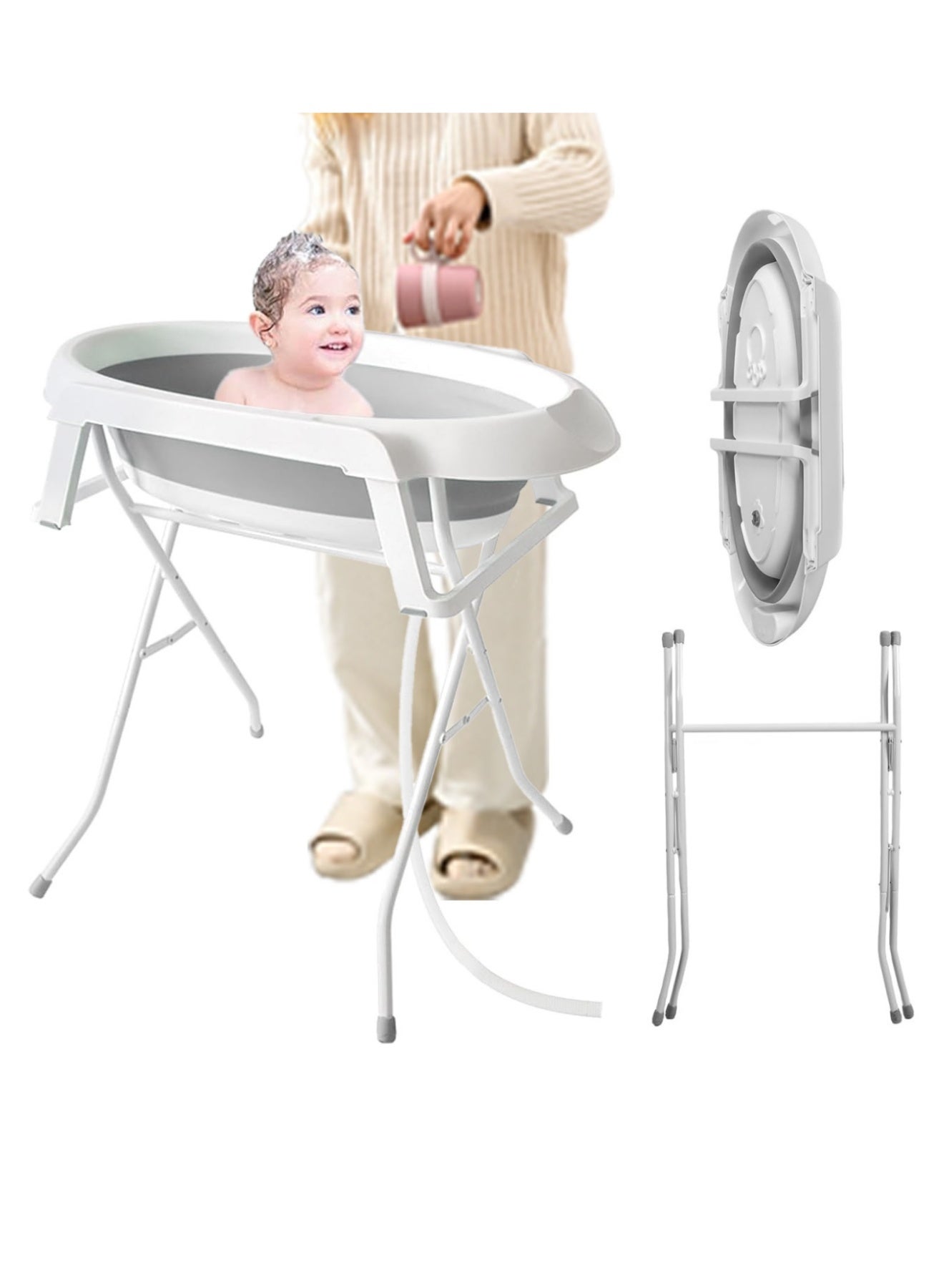 Foldable Collapsable Heightened Baby Basin Infant Shower Bathtub With Shelf Storage Rack and Wash Tube Set For Newborn Baby Child 0-6 Year