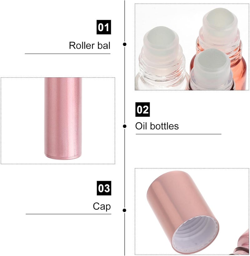 KICHOUSE 9pcs 10ml Rose Gold Roller Glass Bottles Essential Oil Containers Set for Travel Perfume Sub Bottles with Leak-resistant Caps - Image 3