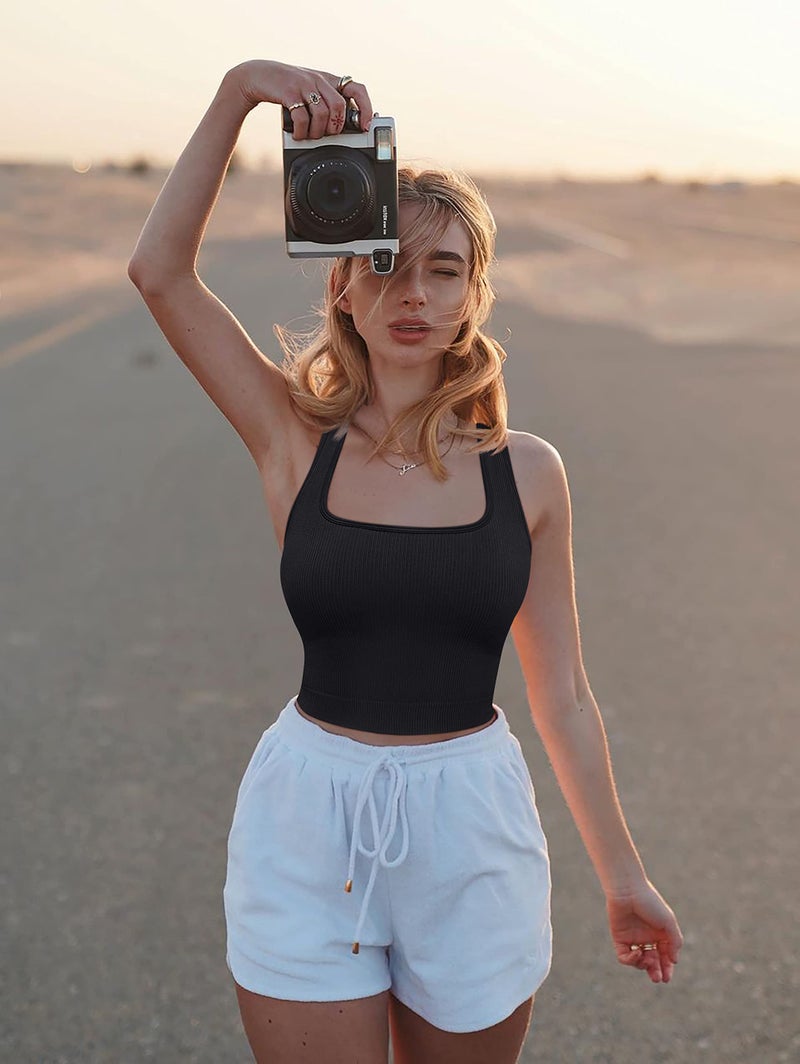 OQQ Women's 3 Piece Tank Tops Ribbed Seamless Workout Exercise Shirts 2025 Summer Basic Camis Black Grey Beige - Image 2